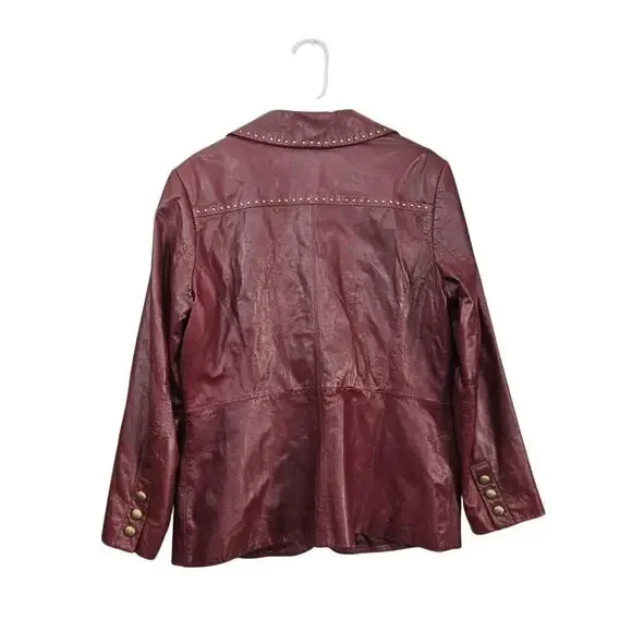 VTG 90s Preston & York Soft Leather Lambskin Maroon Studded Jacket Size Large - Picture 2 of 7